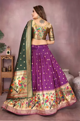 Pansy Purple Jacquard Silk Zari Weaving Designer Stitched Paithani Lehenga for women