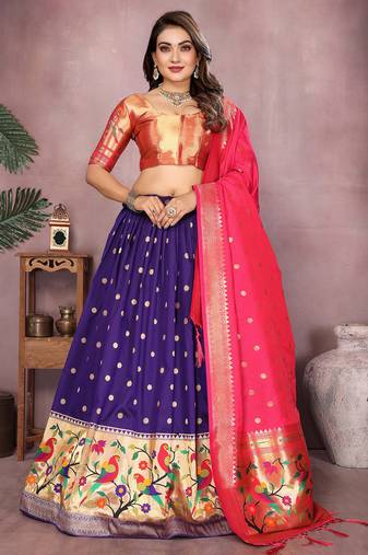 Violet Jacquard Silk Zari Weaving Designer Stitched Paithani Lehenga for women