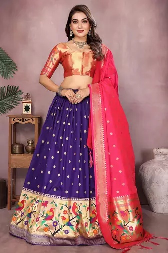 Violet Jacquard Silk Zari Weaving Designer Stitched Paithani Lehenga for women