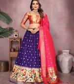Violet Jacquard Silk Zari Weaving Designer Stitched Paithani Lehenga for women