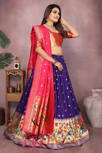 Violet Jacquard Silk Zari Weaving Designer Stitched Paithani Lehenga for women