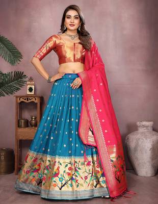 Deep Blue Jacquard Silk Zari Weaving Designer Stitched Paithani Lehenga for women 1