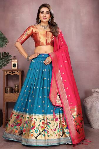 Deep Blue Jacquard Silk Zari Weaving Designer Stitched Paithani Lehenga for women
