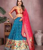 Deep Blue Jacquard Silk Zari Weaving Designer Stitched Paithani Lehenga for women