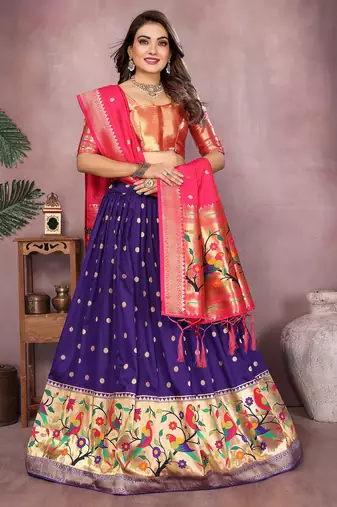 Violet Jacquard Silk Zari Weaving Designer Stitched Paithani Lehenga for women