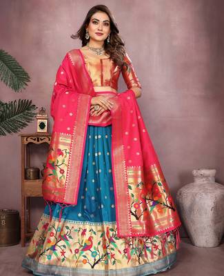 Deep Blue Jacquard Silk Zari Weaving Designer Stitched Paithani Lehenga for women 2