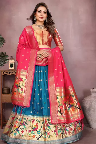 Deep Blue Jacquard Silk Zari Weaving Designer Stitched Paithani Lehenga for women