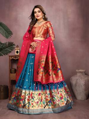 Deep Blue Jacquard Silk Zari Weaving Designer Stitched Paithani Lehenga for women 3