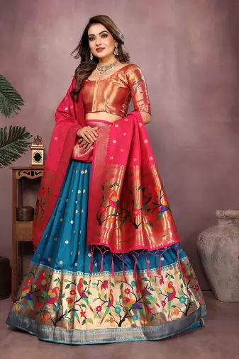Deep Blue Jacquard Silk Zari Weaving Designer Stitched Paithani Lehenga for women