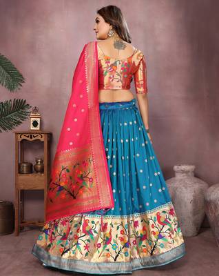 Deep Blue Jacquard Silk Zari Weaving Designer Stitched Paithani Lehenga for women 4
