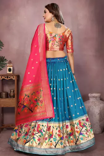 Deep Blue Jacquard Silk Zari Weaving Designer Stitched Paithani Lehenga for women