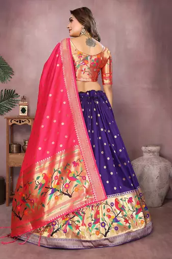 Violet Jacquard Silk Zari Weaving Designer Stitched Paithani Lehenga for women