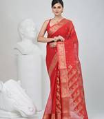 Elegant red patli pallu tant saree with golden border