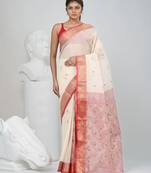 Elegant off white patli pallu tant saree with golden border
