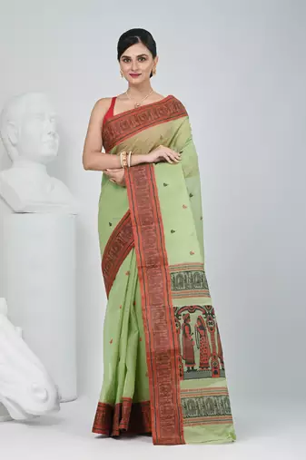 Handwoven baluchori tant saree in green with intricate red borders