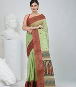 Handwoven baluchori tant saree in green with intricate red borders