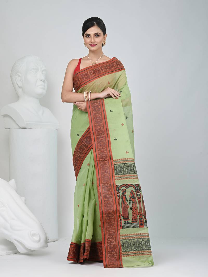 Handwoven baluchori tant saree in green with intricate red borders