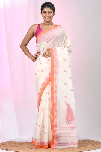 Elegant off white tant saree with leaf borders