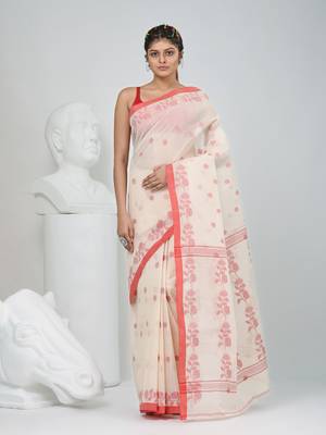 Elegant off-white & red handwoven tant cotton saree with floral motifs 1