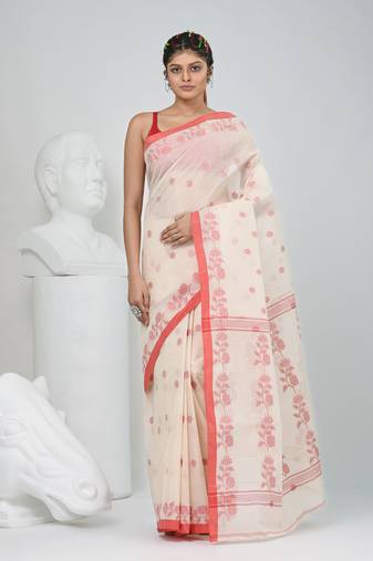 Elegant off-white & red handwoven tant cotton saree with floral motifs