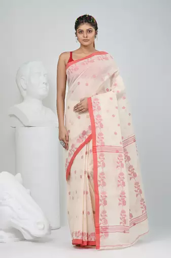 Elegant off-white & red handwoven tant cotton saree with floral motifs