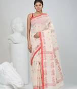 Elegant off-white & red handwoven tant cotton saree with floral motifs