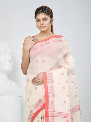 Elegant off-white & red handwoven tant cotton saree with floral motifs 2