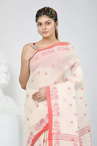 Elegant off-white & red handwoven tant cotton saree with floral motifs