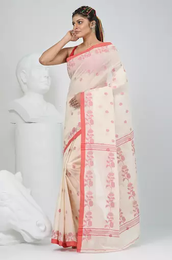 Elegant off-white & red handwoven tant cotton saree with floral motifs