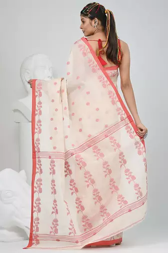 Elegant off-white & red handwoven tant cotton saree with floral motifs