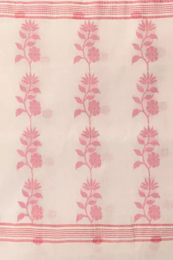 Elegant off-white & red handwoven tant cotton saree with floral motifs