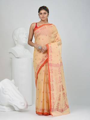 Elegant beige & red handwoven tant cotton saree with floral motifs 1