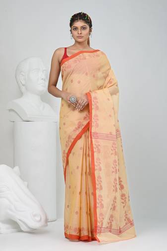 Elegant beige & red handwoven tant cotton saree with floral motifs