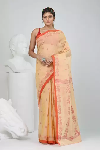 Elegant beige & red handwoven tant cotton saree with floral motifs