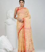 Elegant beige & red handwoven tant cotton saree with floral motifs