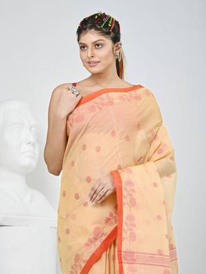 Elegant beige & red handwoven tant cotton saree with floral motifs 2