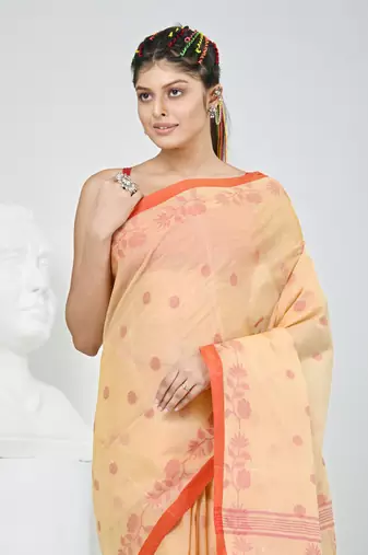 Elegant beige & red handwoven tant cotton saree with floral motifs