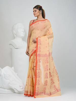 Elegant beige & red handwoven tant cotton saree with floral motifs 3
