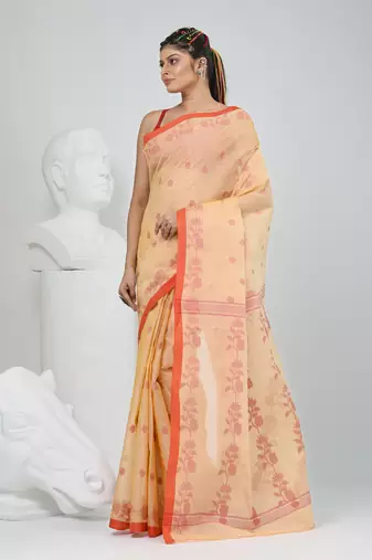 Elegant beige & red handwoven tant cotton saree with floral motifs