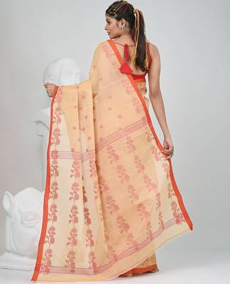 Elegant beige & red handwoven tant cotton saree with floral motifs 4