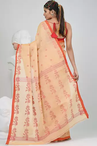 Elegant beige & red handwoven tant cotton saree with floral motifs