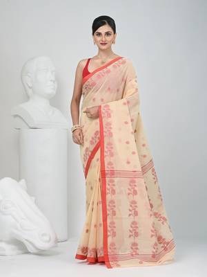 Elegant cream & red handwoven tant cotton saree with floral motifs 1