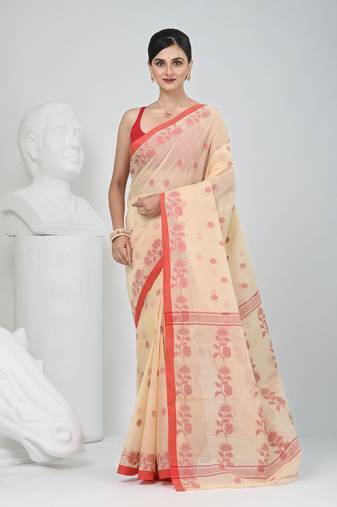 Elegant cream & red handwoven tant cotton saree with floral motifs