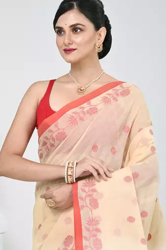 Elegant cream & red handwoven tant cotton saree with floral motifs