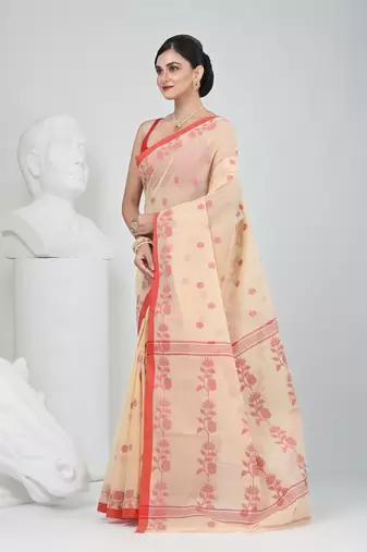 Elegant cream & red handwoven tant cotton saree with floral motifs