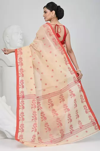 Elegant cream & red handwoven tant cotton saree with floral motifs
