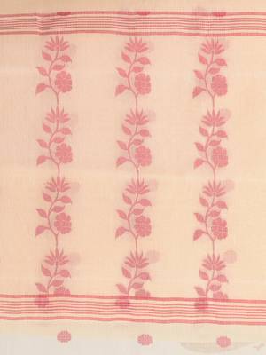 Elegant cream & red handwoven tant cotton saree with floral motifs 5