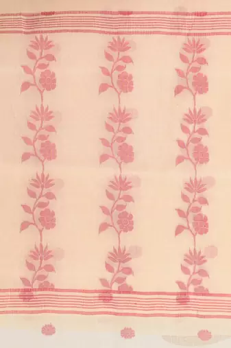 Elegant cream & red handwoven tant cotton saree with floral motifs