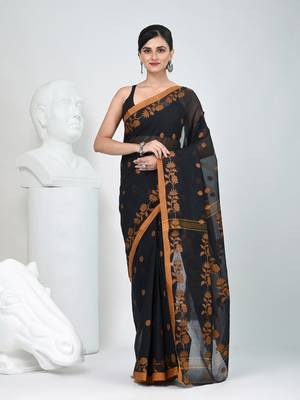 Classic black & mustard handwoven tant cotton saree with texture motifs 1