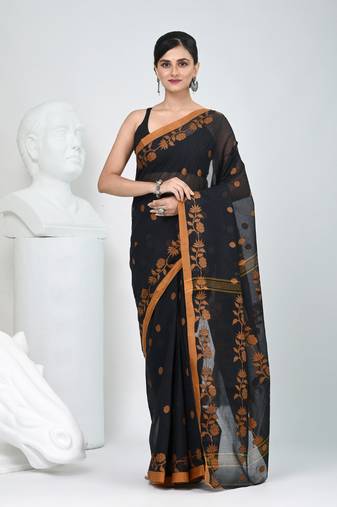 Classic black & mustard handwoven tant cotton saree with texture motifs